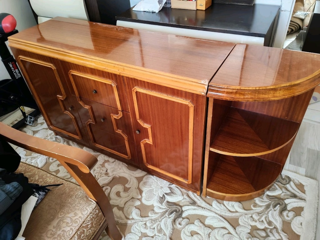 Retro Ahşap Salon Konsolu / Büfe (Oval Yan Raflı - 3