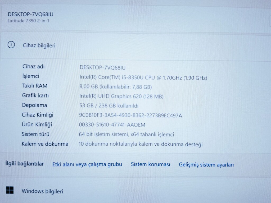 Dell Latitude 7390 | i5 8GB 256SSD FHD Dokunmatik Sıfır Batarya - 10