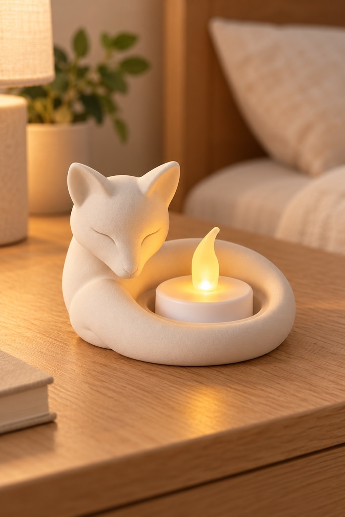 Beyaz Uyuyan Tilki Figürlü Dekoratif Mumluk - Pilli Tealight Mum Dahil - 5