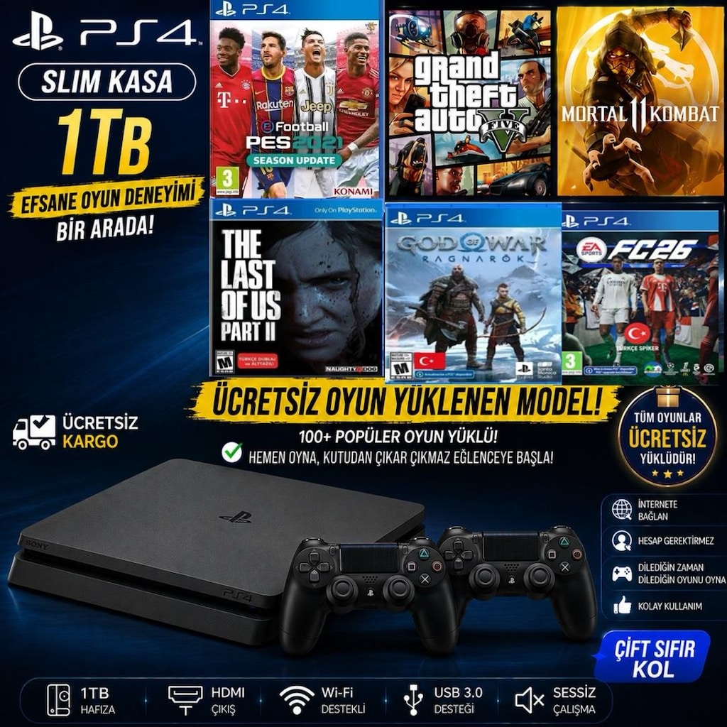 PS4 SLİM KIRILAN MODEL 1TB 30 OYUN 2KOK