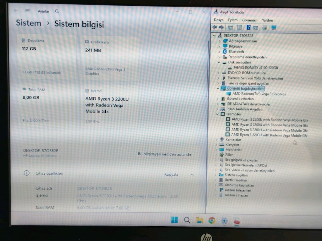 HP RYZEN 8GB DDR4 RAM 128GB M2SSD YENİ BATARYA LAPTOP - 3