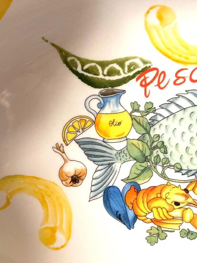 Antika İTALYAN Balıklı El Boyama Büyük Kayık Tabak - Salata & Servis - 7