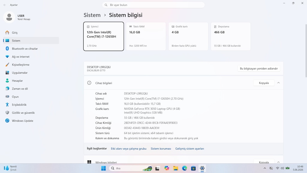CASPER EXCALİBUR G770 İ7-12650H 16 RAM 512 SSD RTX 3050 144 HZ - 8