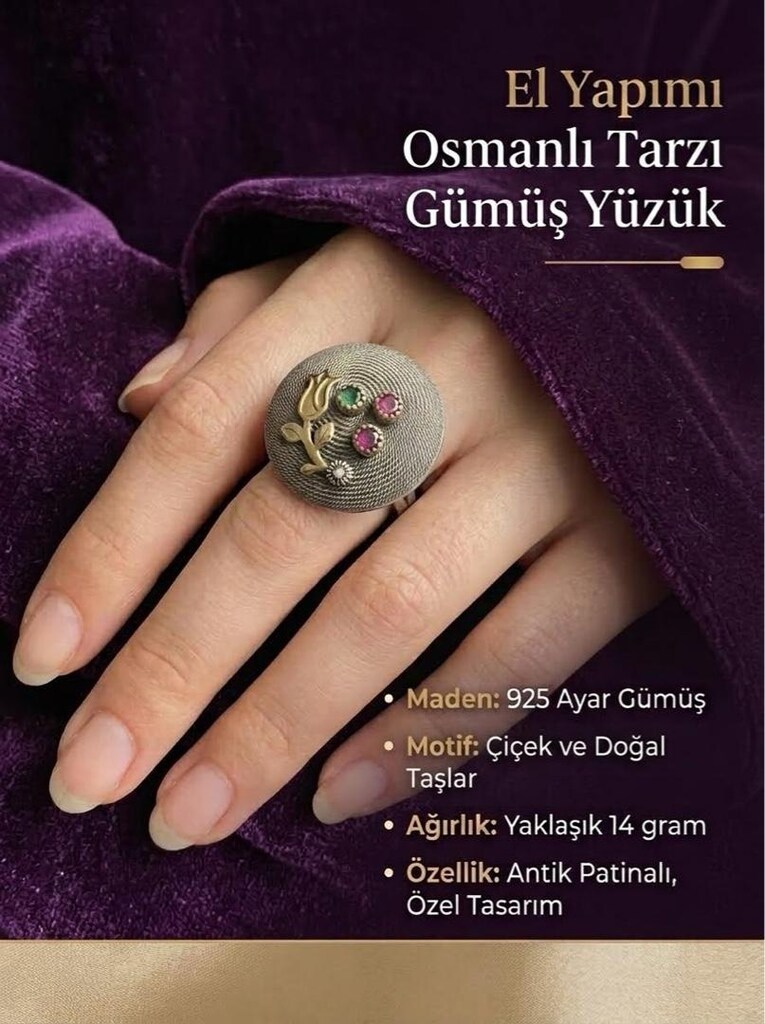El Yapımı Osmanlı Tarzı Gümüş Yüzük 925 ayar 14 gr
