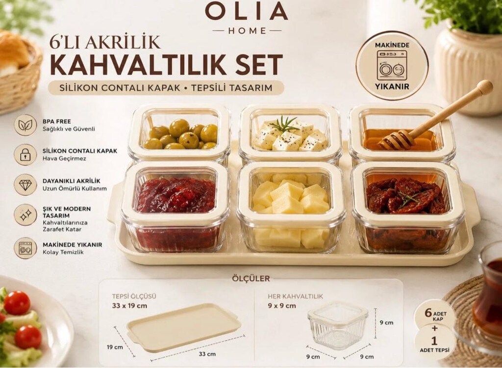 OLIAHOME 6'lı Akrilik Kahvaltılık Seti Silikon Contalı Kapaklı Tepsili - 2