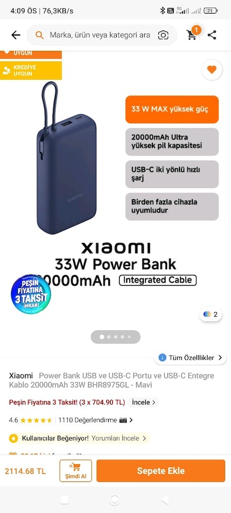 Xiaomi powerbank 33w 20000 mh