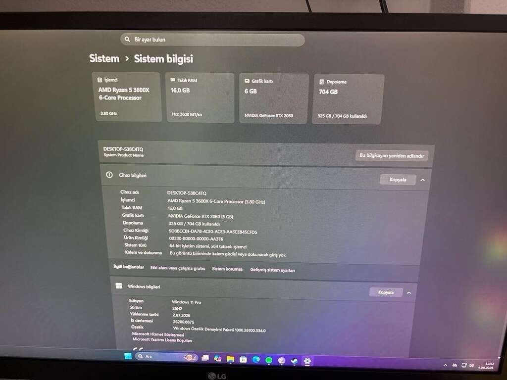 ACİL!!! Ryzen 5 3600x Rtx 2060 Monitorlü Kasa 16 GB RAM - 3