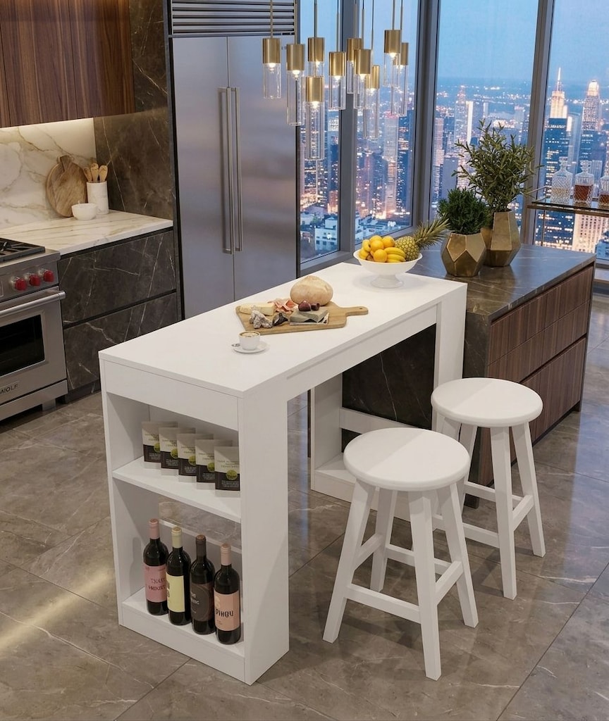 Sıfır , %100 MDF , Bar Masası / Çok Amaçlı Raflı Mutfak Masası - Beyaz - 4