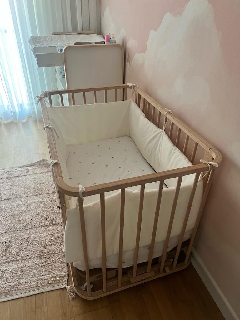 Özel Üretim Doğal Ahşap Bebek Beşiği + İç Yatak & Deux Lapins Seti - 2