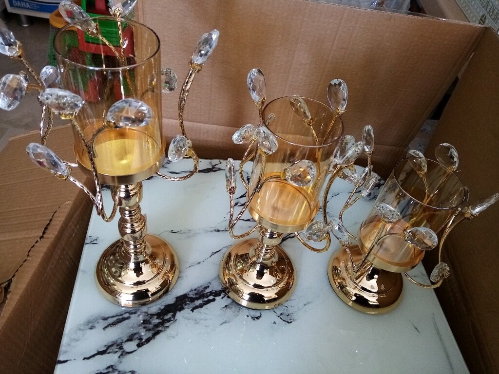 Gold 3 lü şamdan dekoratif taşlarla süslü - 6