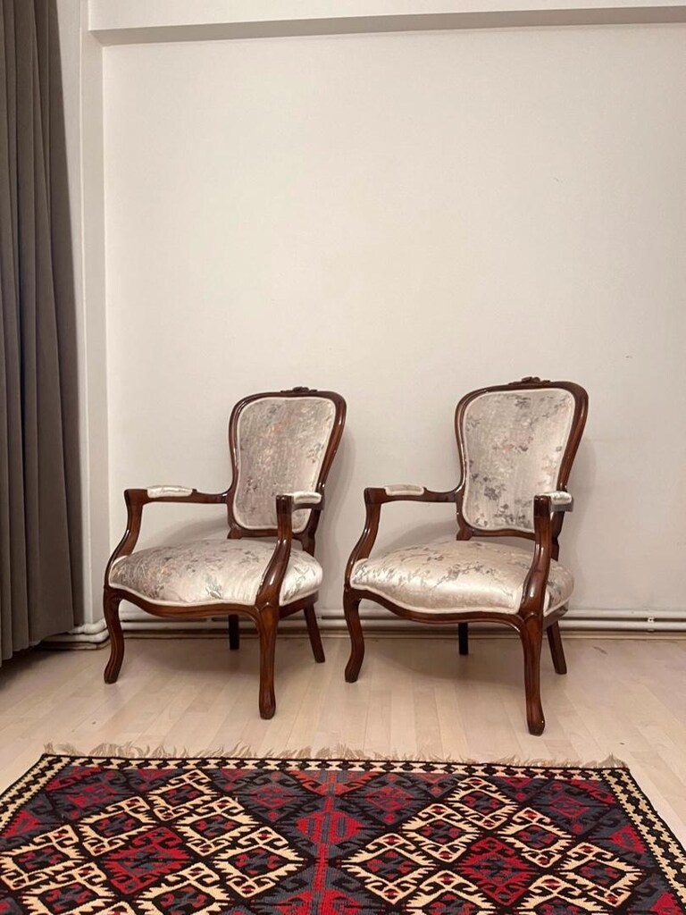 Antika Ceviz Yeni Döşenmiş Çift Berjer - 16