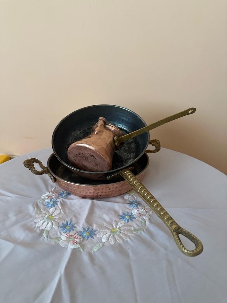 3'lü Bakır Mutfak Seti – Bakır Cezve, Çift Kulplu Sahan ve Saplı Tava - 10