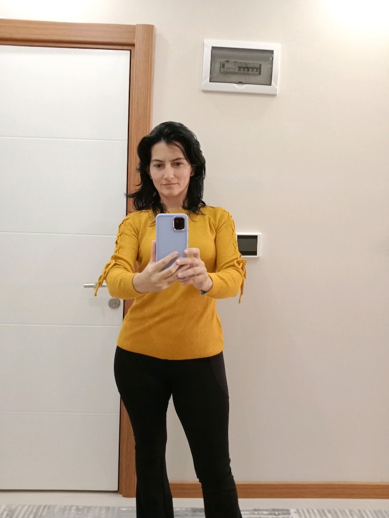 hardal rengi kol detaylı kazak