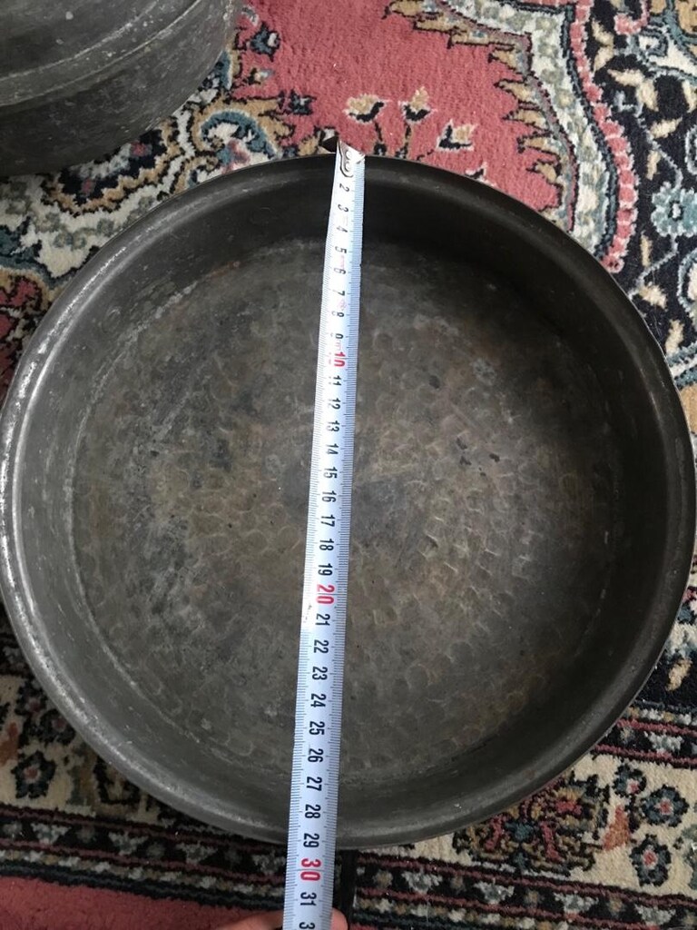 4 adet antika bakır tencere ve tepsi - 3