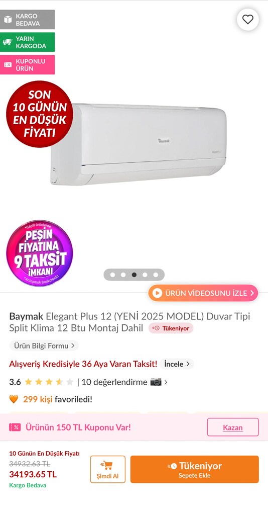 İNDİRİM İNDİRİM BAYMAK ELEGANT ECO 12000 BTU INVERTER KLİMA 29.500 SON - 9