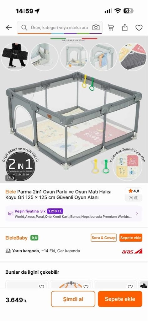 Elele Parma 2in1 Oyun Parkı ve Oyun Matı Halısı Koyu Gri 125 × 125 cm - 4