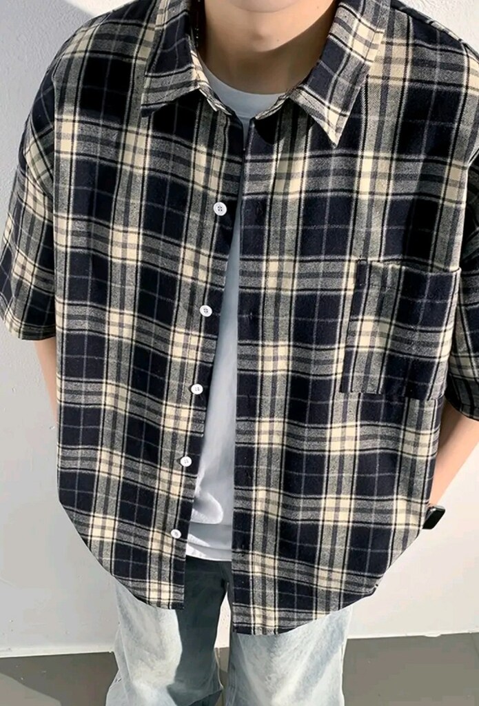 Erkek Casual Plaid Kısa Kollu Gömlek pamuk - Siyah ve Beyaz Çizgili De - 3