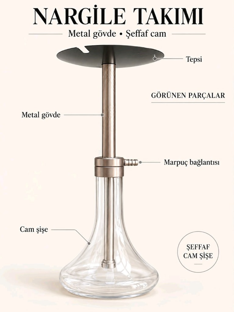 Minimalist Tasarım Premium Çelik Nargile Takımı - Şeffaf Camlı - 3