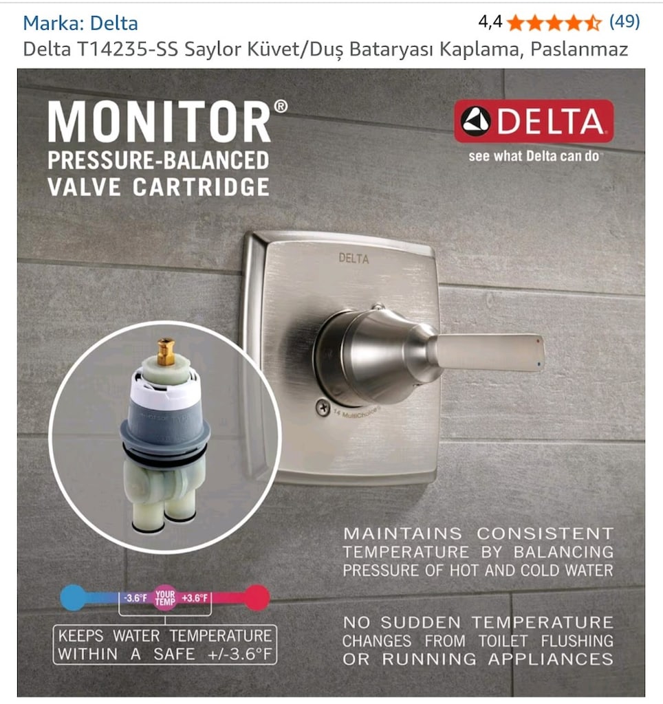 Delta T14235-SS Saylor Duş Bataryası ve Duş Başlığı Seti Paslanmaz - 4