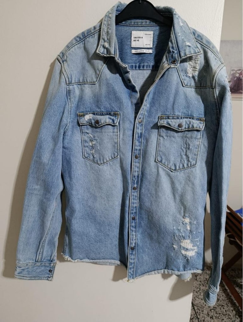 Zara Man Esintili Açık Mavi Kot Gömlek Ceket - M Beden