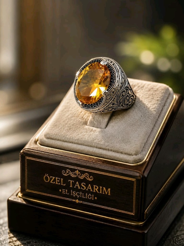 925 Ayar Sitrin Taşlı Gümüş Yüzük - 8