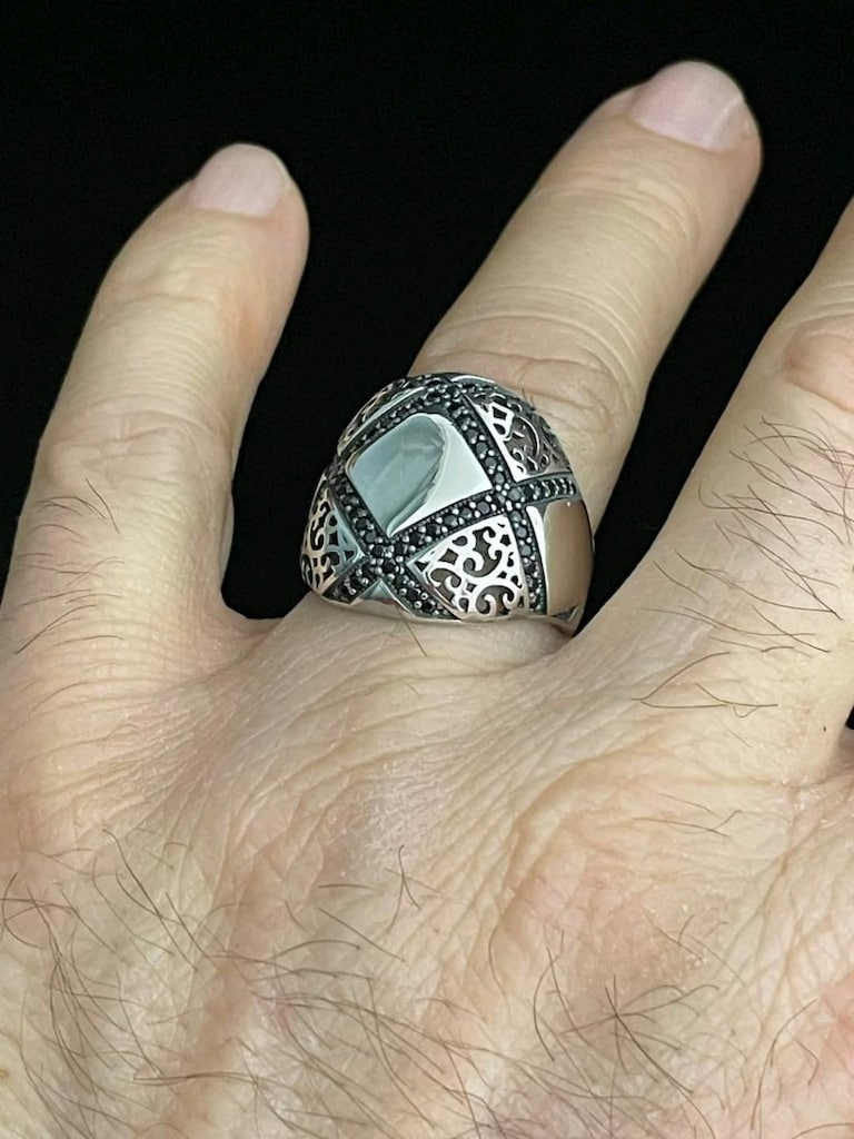 925 Ayar Gümüş Oksitli Geometrik Desenli Taşsız Erkek Yüzük – 7,5 Gram - 3