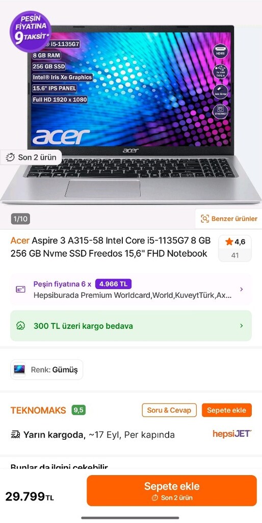 ACER aspire 3 i5-1135G7 256 GB ssd - 9