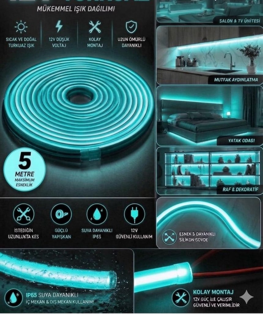 5 MT 12V NEON LED TURKUAZ İÇ-DIŞ MEKAN - 2