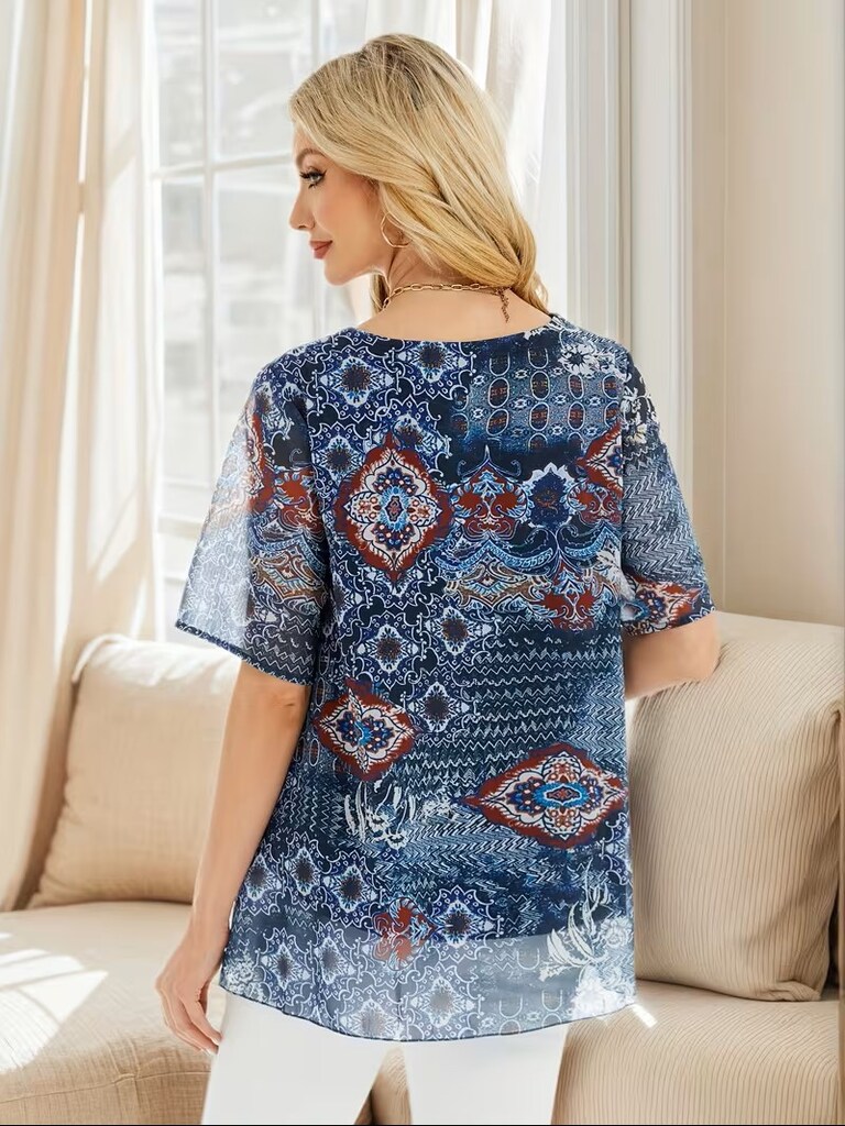 B092 Desenli Kısa Kollu Şifon Bluz - 6