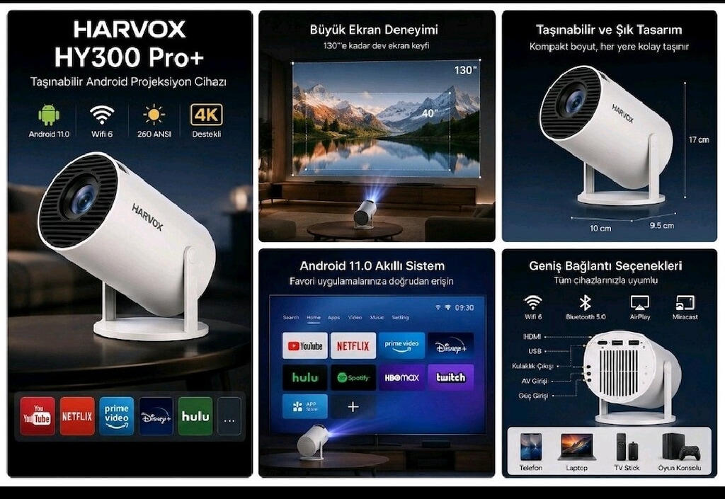 HARVOX HY300 Pro+ Projeksiyon Cihazı Taşınabilir Android Sistemli Wifi - 4