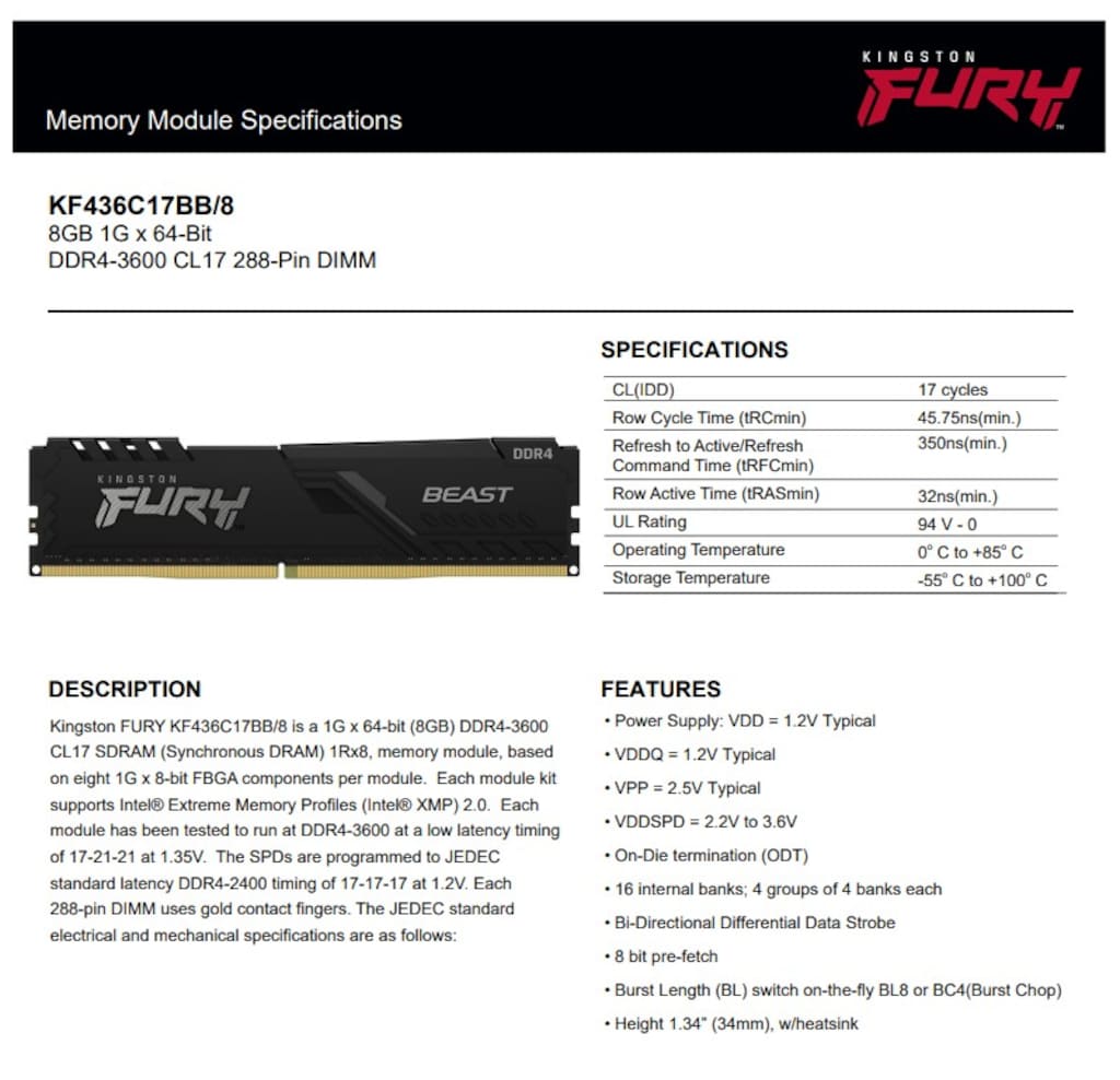 Kingston Fury Beast 16GB (2x8GB) 3600 Mhz CL17 DDR4 Ram - 4
