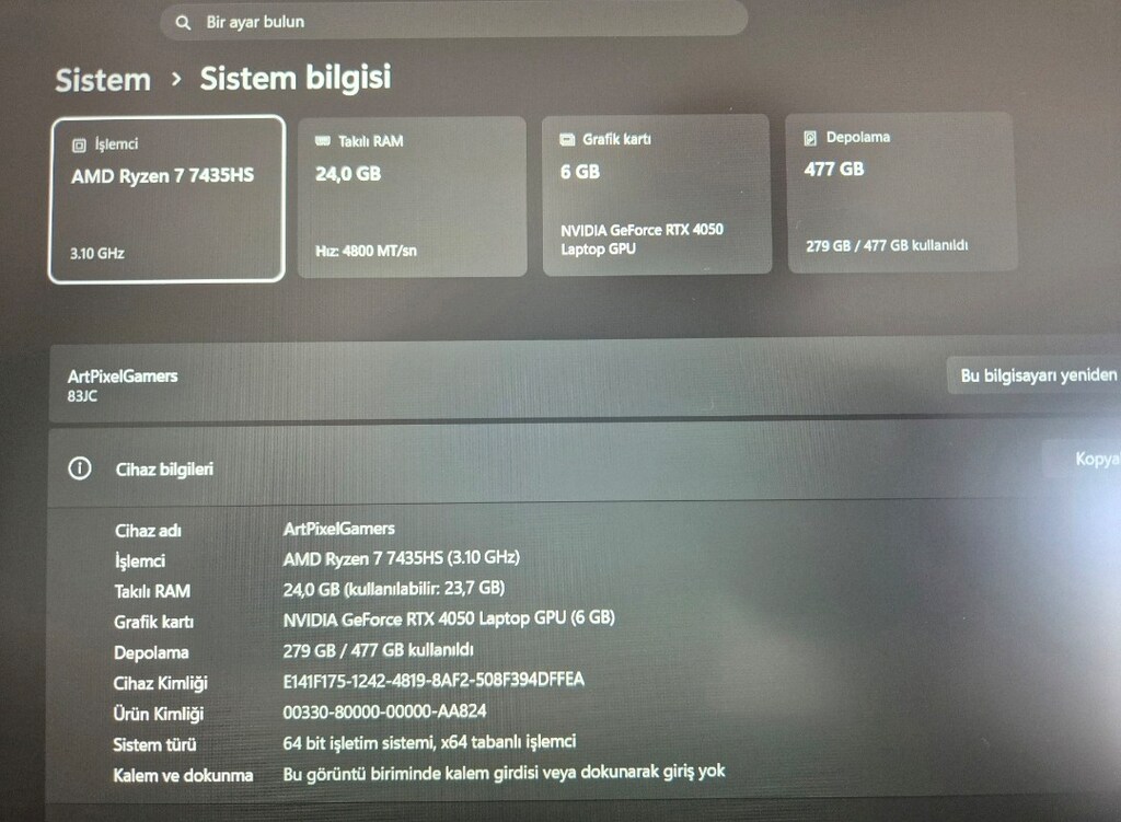 LENOVO LOG Ryzen 7 7435HS, RTX 4050, 24GB Ram Gaming Laptop Garantili - 4