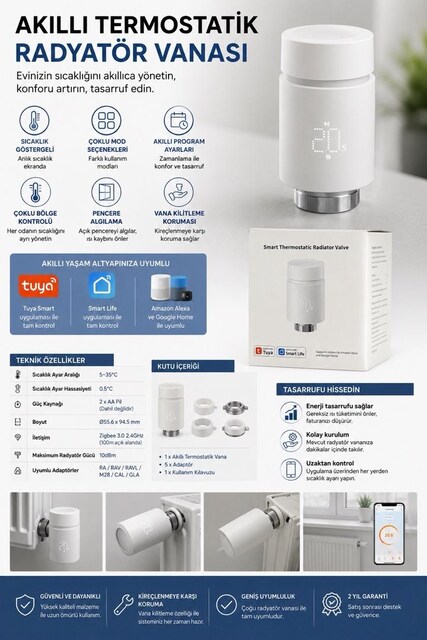 Akıllı Termostatik Radyatör Vanası | Tuya & Smart Life Uyumlu | Zigbee