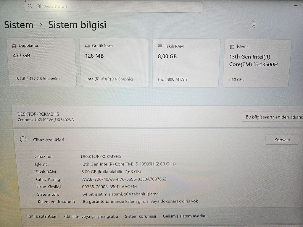 ASUS ZENBOOK İ5 13.NESİL H İŞLEMCİ + 500 GB SSD+ SAĞLAM - 8