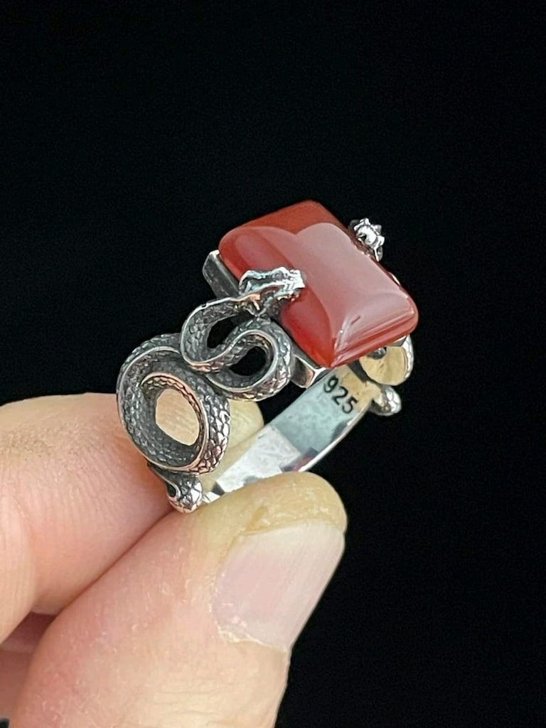 925 Ayar Gümüş Doğal Kırmızı Akik Taşlı Çift Yılan Figürlü Erkek Yüzük - 2
