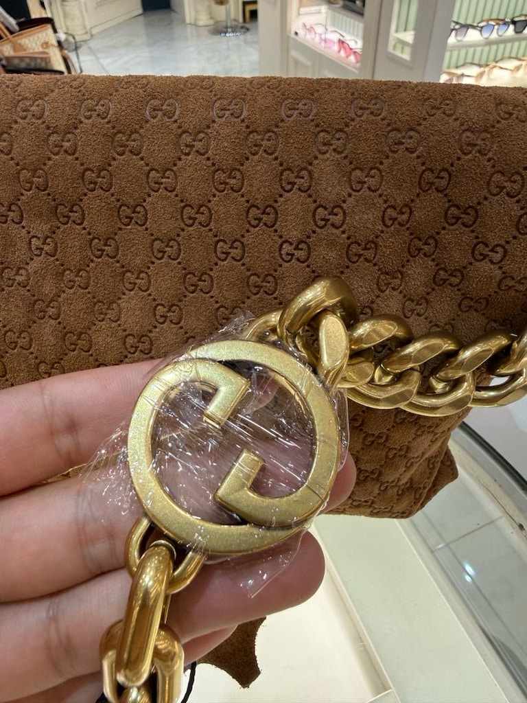 Gucci GG Monogram Süet Taba Omuz Çantası - 5