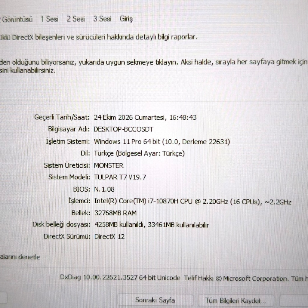 Monster Tulpar / 32 Ram / 1 Tb Ssd/ 8 Gb Rtx2070 / 144 Hz / İ7 İşlemci - 10