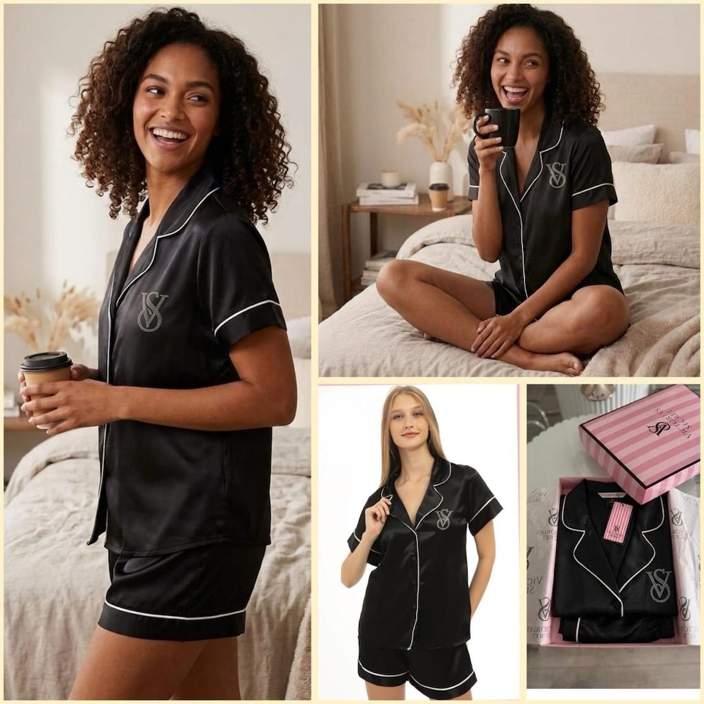 ‼‼VICTORIA’S SECRET KADIN ŞORTLU PİJAMA TAKIMI SİYAH