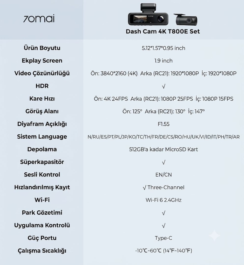 70mai T800E 3 Kanallı Ön Arka İç Mekan Kamera + UP06 Park Modu Kiti - 6