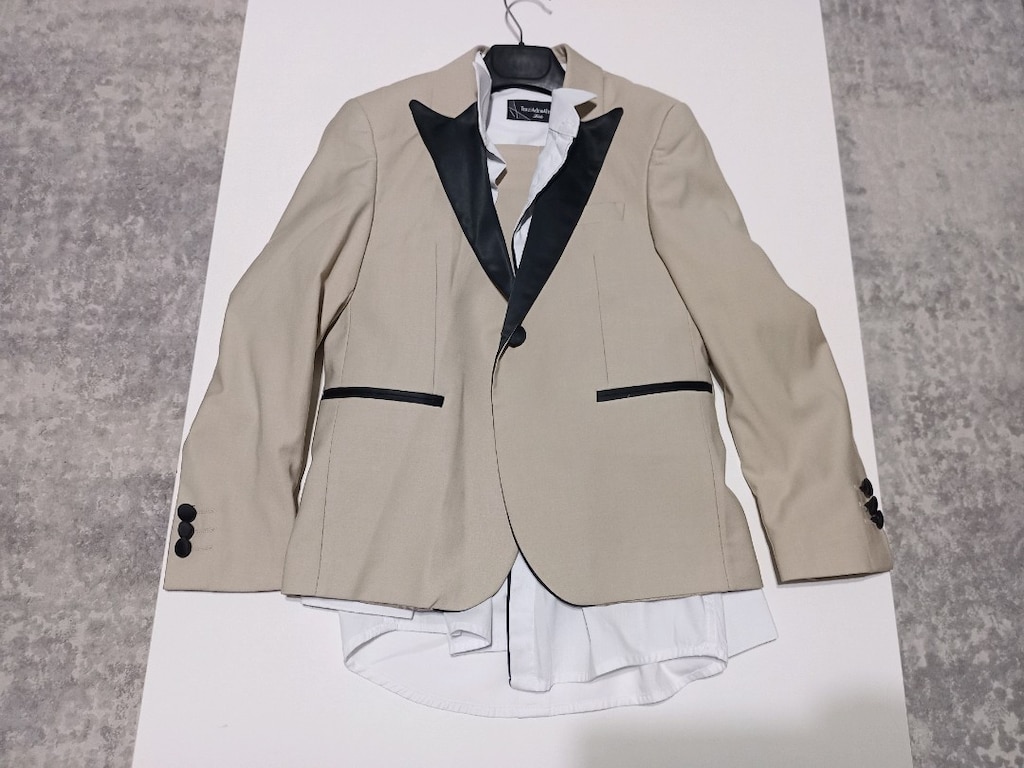 8-9 YAŞ slim fit sivri yaka ceket pantolon çocuk smokin set Bej - 12