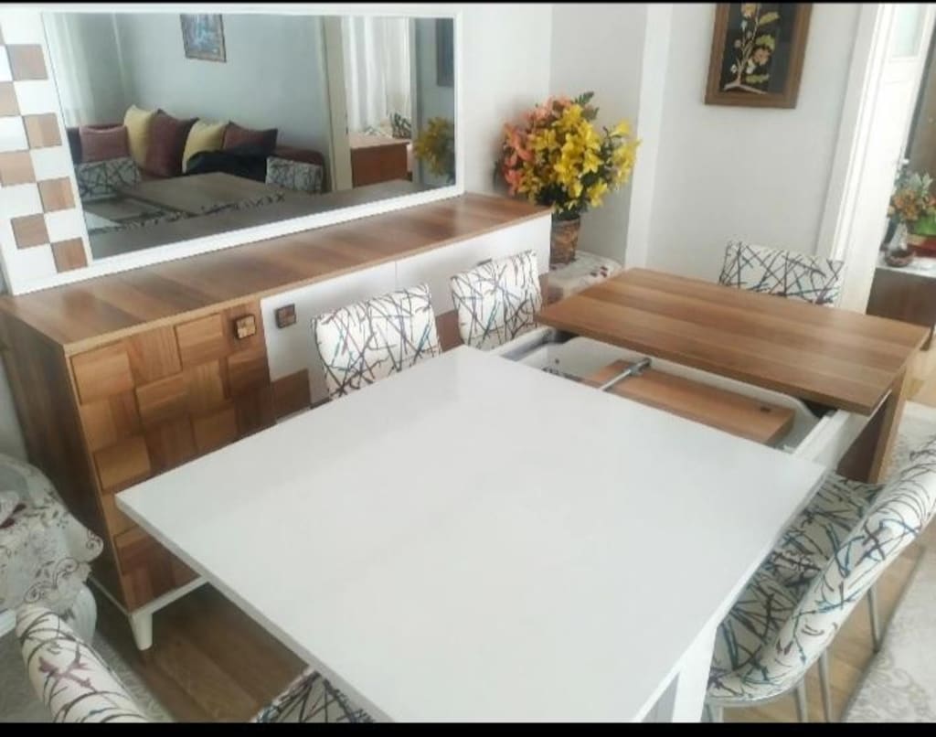 Ceviz Beyaz Gizli Bölmeli Açılır Kapanır Yemek Takımı 6 Sandalye - 3