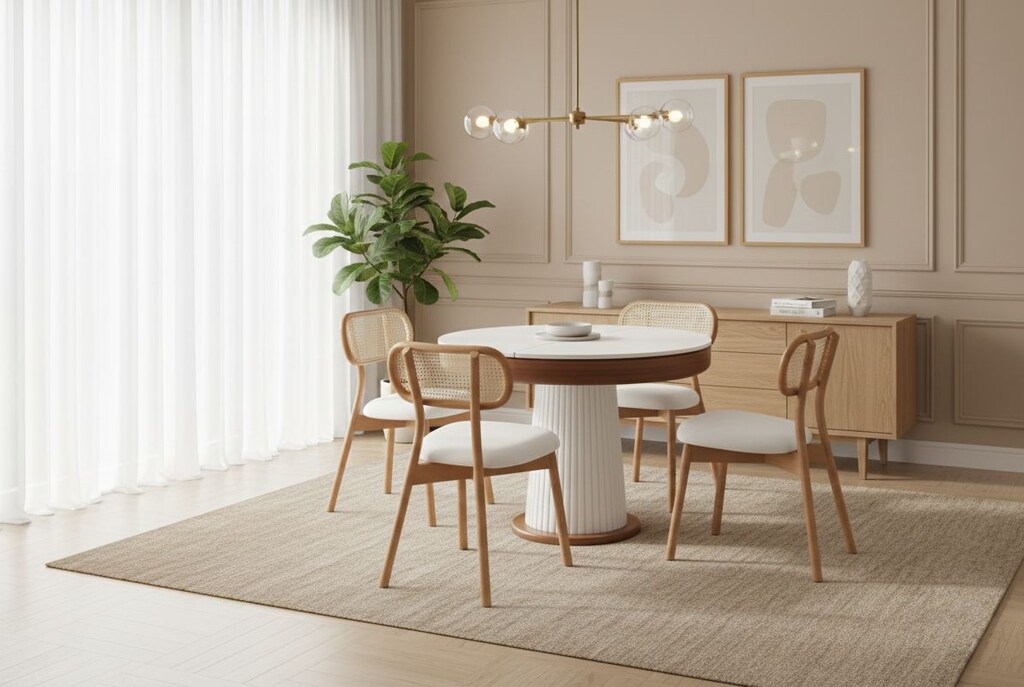 Modern Bohem Yuvarlak 4 kişilik Açılan Masa - Beyaz , Natural - 2