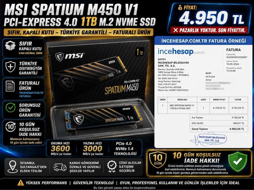 MSI SPATIUM M450 V1 1TB PCIe 4.0 NVMe M.2 SSD |Sıfır Kapalı Kutu| KFG - 5