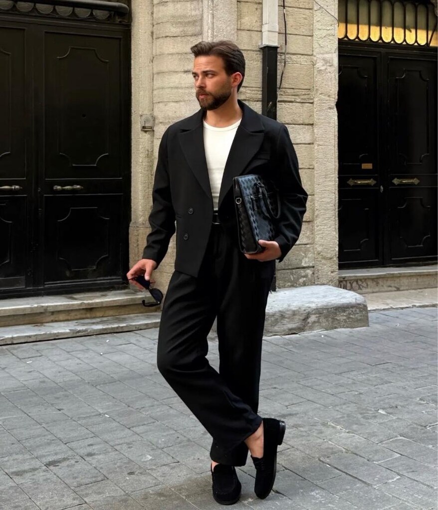 Xramburada Premium Kruvaze Boxy Ceket Baggy Pileli Pantolon Siyah Erke
