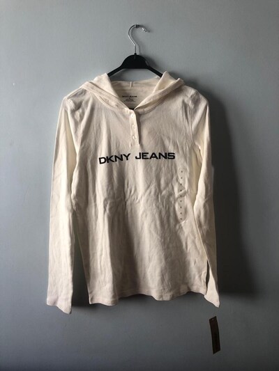 Orijinal DKNY kapüşonlu ekru krem sweatshirt