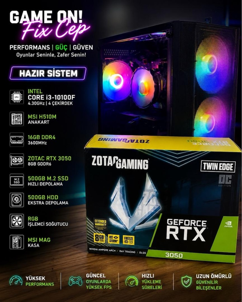 RTX 3050 8GB | i3-10100F | 16GB RAM | Win11 Hazır PC - 5