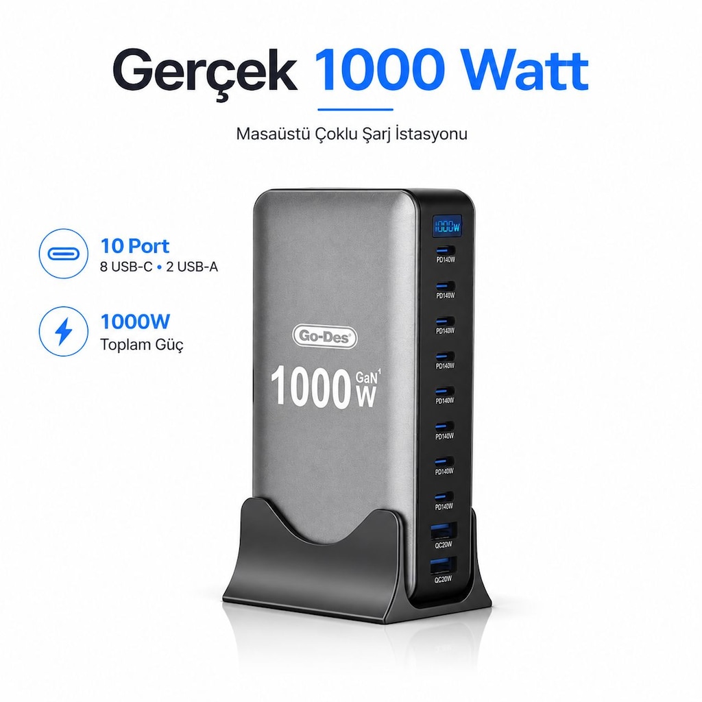 Go-Des Gan Teknolojili 10 Portlu Masaüstü Çoklu Şarj İstasyonu - 8