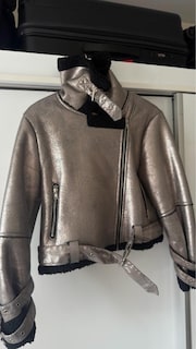 Metalik Gri Kısa Biker Ceket - 4