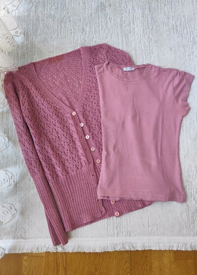 MERSERİZE KROŞE DANTEL ÖRGÜ HIRKA+ TİŞÖRT KOMBİN TAKIM S koton MNG