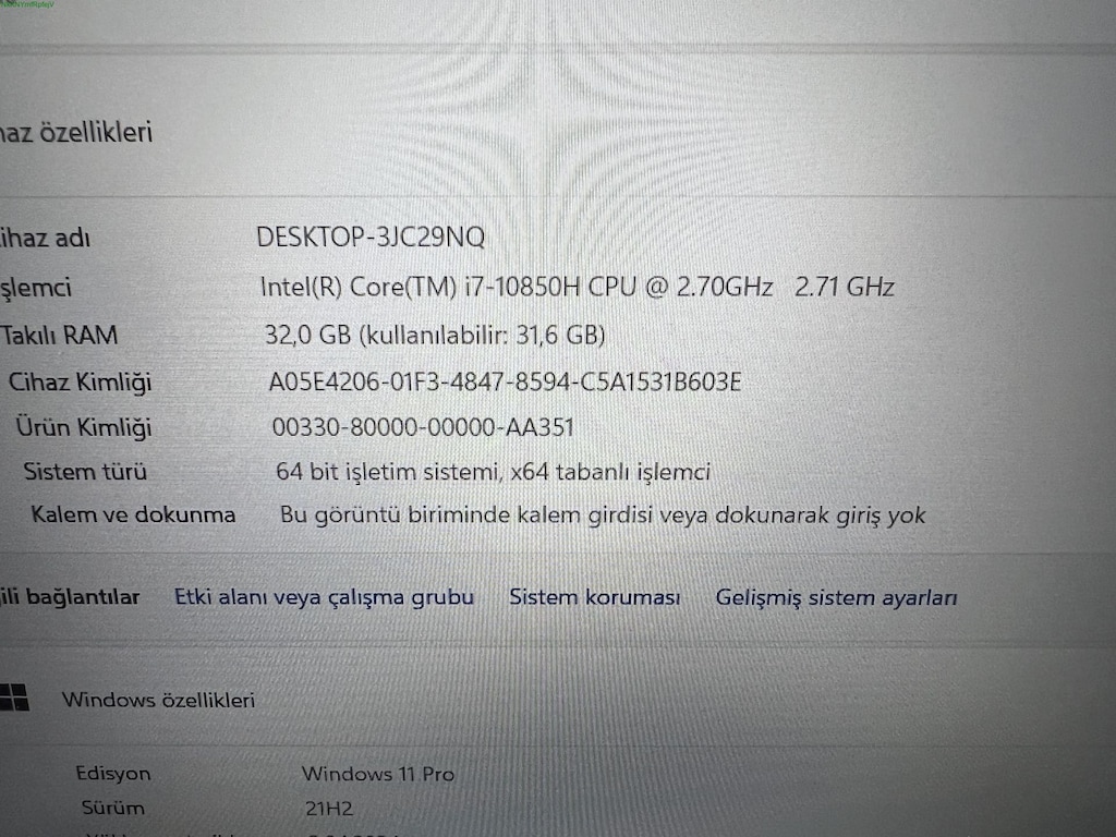 DELL PRECISION İ7 10. NESİL 32 GB RAM 512 M2SSD RTX 3000 - 5
